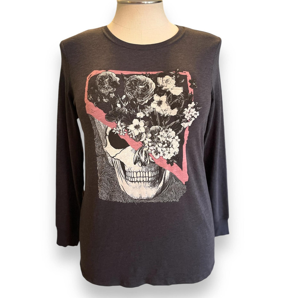 Torrid 1 (1X 14/16) Skull Floral Abstract Super Soft Slub Long Sleeve T Shirt